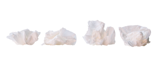 Front view set of crumpled tissue paper balls after use in toilet or restroom isolated with clipping path in png file format