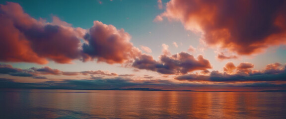 Serene sunset over the ocean, with the sky ablaze in warm hues and clouds reflecting the tranquil beauty of the moment.