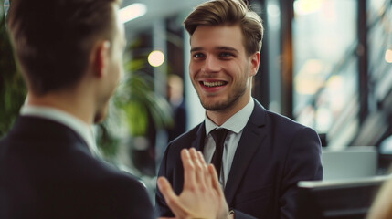 businessmen talking in office, businessman or CEO appreciating his employee, conversation about a business deal between two businessmen 
