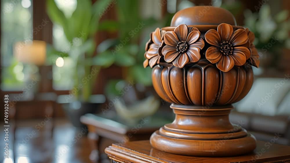 Poster the intricate details of a carved wooden column with handpainted accents adding warmth and character