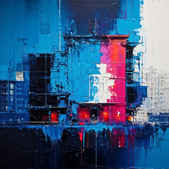 a painting of a red and blue building, an ultrafine detailed painting by Michael Flohr, behance, american scene painting, cityscape, behance hd, artwork, Generative AI, abstract