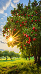 Fototapeta na wymiar The Harvest Season: A Delightful Scene of a Lush Apple Tree Laden with Ripe Apples in A Vibrant Green Field