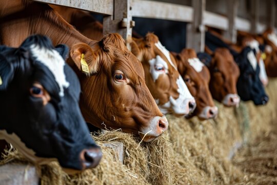 Group of cows eating hay in a barn