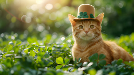 Cute orange tabby cat wearing St. Patrick's Day cat in clover field. generative ai 