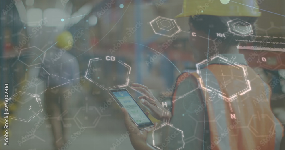 Poster image of statistics and data processing over diverse people working in warehouse