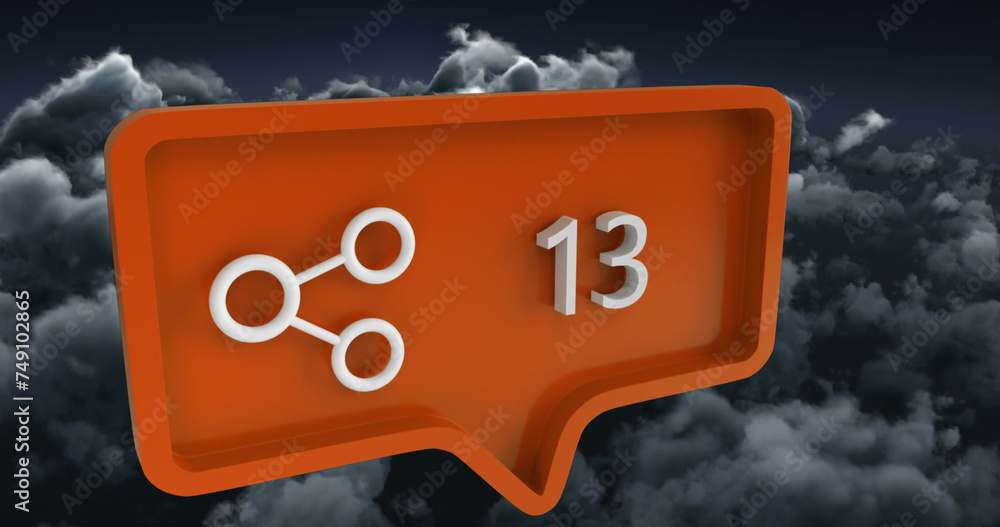 Poster image of share icon with numbers on speech bubble over sky and clouds