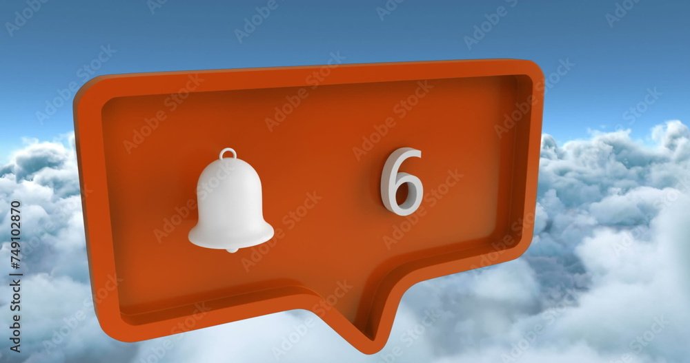 Poster image of alert icon with numbers on speech bubble over sky and clouds