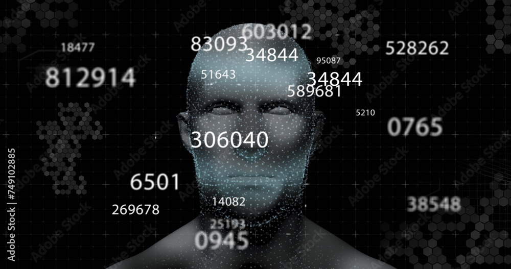 Poster Digital image of multiple changing numbers against human face model on black background