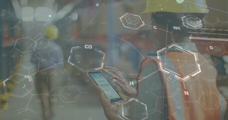 Image of statistics and data processing over diverse people working in warehouse