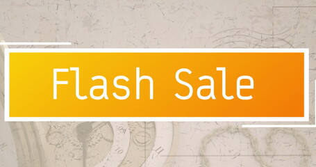 Image of flash sale text over orange banner on vintage map in background