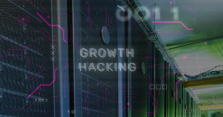 Image of growth hacking text and data processing over server room