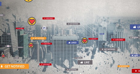 Image of falling social media icons and emojis over cityscape