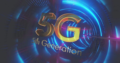 Digital image of 5g text against blue glowing moving tunnel