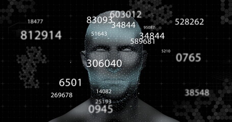 Digital image of multiple changing numbers against human face model on black background