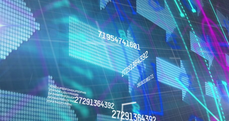 Image of scope scanning, numbers changing and digital arrows on blue background