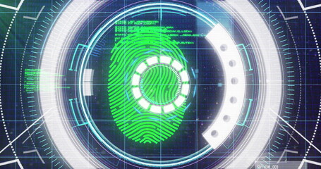 Image of scope scanning, data processing with green biometric fingerprint on black background