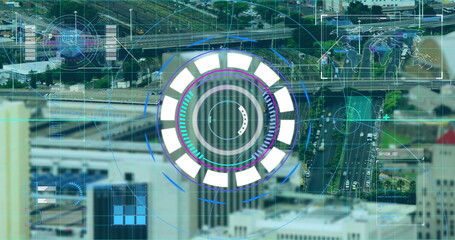 Image of scope scanning and data processing over cityscape in the background