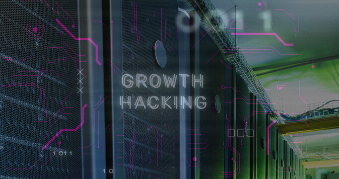 Image of growth hacking text and data processing over server room