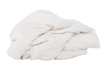 White crumpled blanket or bedclothes in hotel room leaved untidy and dirty after guest's use over...