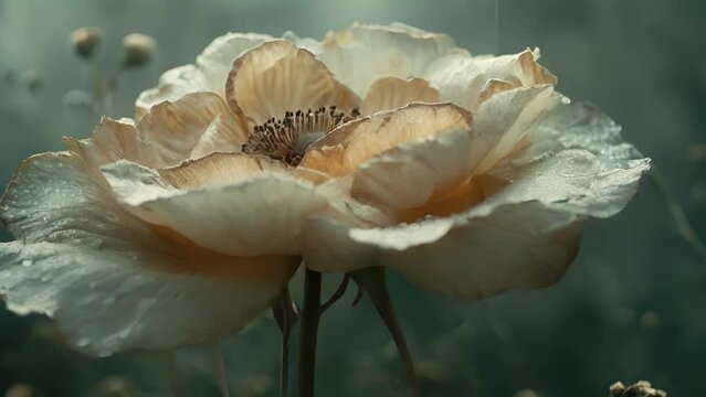Closeup of a wilting flower its once vibrant petals now drooping and withering. The texture of the petals now wrinkled and creased losing their softness and natural luster.