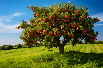 Fototapeta premium The Harvest Season: A Delightful Scene of a Lush Apple Tree Laden with Ripe Apples in A Vibrant Green Field