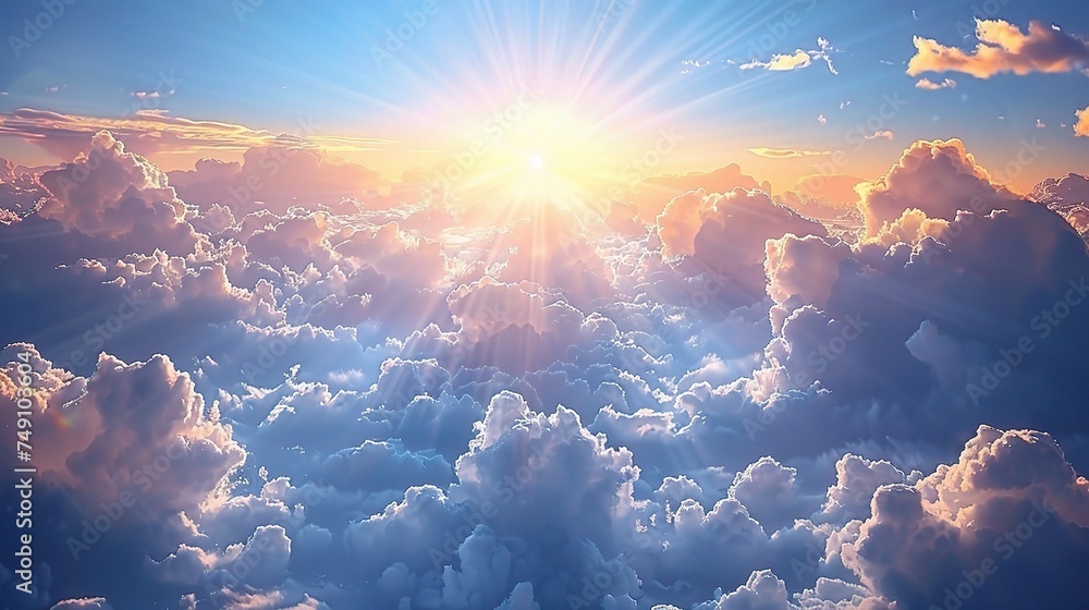 Wall mural sky blue and orange light of the sun through the clouds. - Wall murals