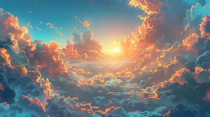 Sky blue and orange light of the sun through the clouds. - obrazy, fototapety, plakaty