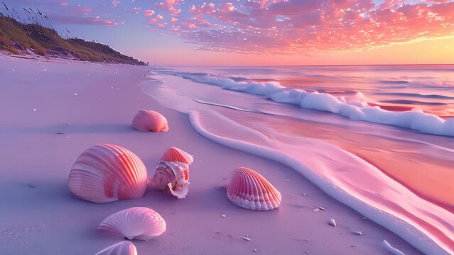 Beach at sunrise with the sky painted in soft pastel colors with sea shells.