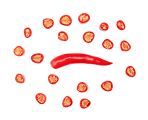 Photo sur Plexiglas Piments forts Top view of single fresh red chili pepper with slices or pieces isolated with clipping path in png file format