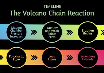 Educational illustration, depicting the stages of a volcanic eruption with vibrant color coding