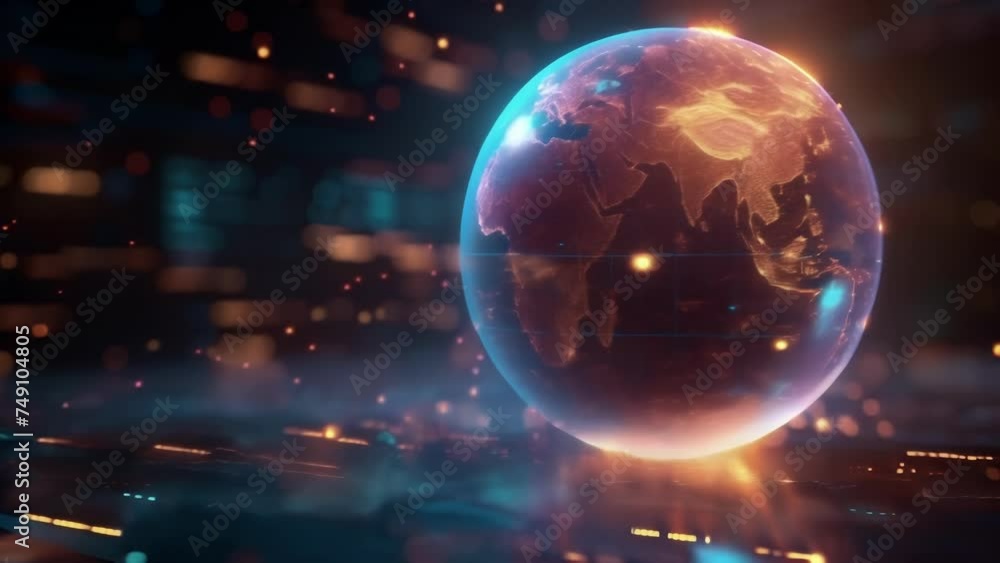 Poster a virtual globe spinning with various economic indicators and statistics highlighting the interconne