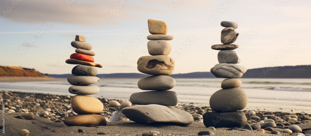 Poster a collection of rocks stacked on top of each other on a sandy beach, creating a small tower. the roc