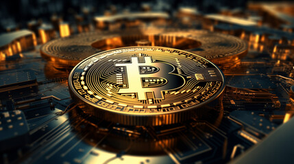 A golden Bitcoin coin placed on a computer circuit board