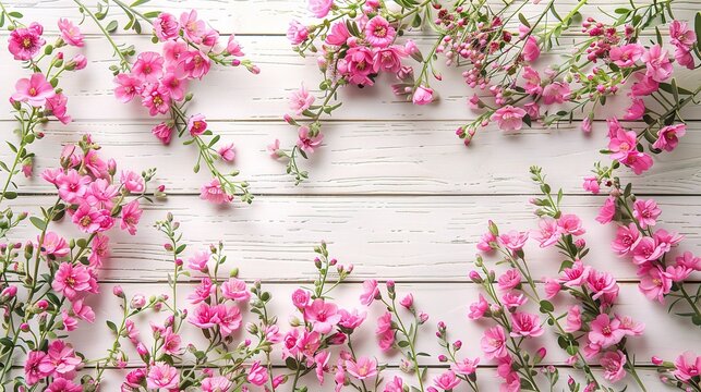 Spring flowers. Pink flowers on white wooden background. Flat lay, top view, copy space.