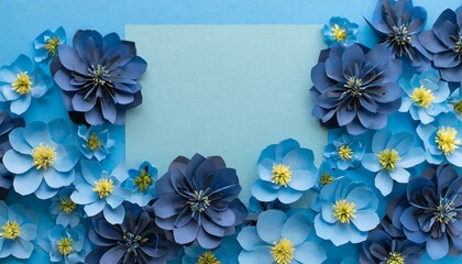 Background of blue paper flowers with empty space for text or greeting card design. Postcard for International Women&#x27;s Day and Mothers 
