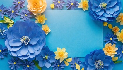 Obraz premium Background of blue paper flowers with empty space for text or greeting card design. Postcard for International Women's Day and Mother day