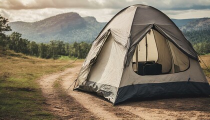 Camping tent close up concept of traveling on dirt roads on an off-road vehicle - obrazy, fototapety, plakaty