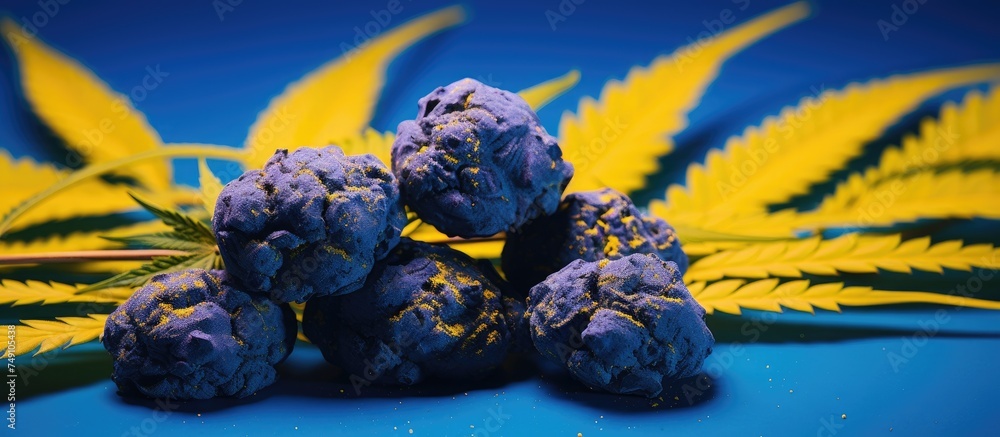 Aufkleber a pile of blue rocks is neatly arranged on top of a blue table, creating a striking contrast. the ro