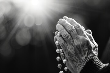 Soulful prayer: a man in quiet devotion, hands clasped around a rosary cross, seeking solace and spiritual connection, capturing the essence of serene contemplation, faith, and religious devotion. - obrazy, fototapety, plakaty
