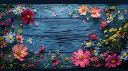 Summer colorful flowers on vintage wooden background