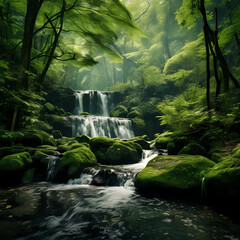 A serene waterfall in a lush green forest. - obrazy, fototapety, plakaty