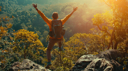 Obraz premium Happy man with arms up jumping on the top of the mountain - Successful hiker celebrating success on the cliff - Life style concept with young male climbing in the forest pathway