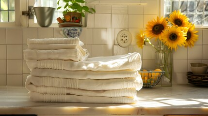 Sunny Kitchen Counter with Fresh Towels and Sunflowers