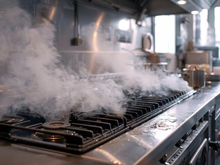 Steamy Kitchen with Boiling Pots on Gas Stove