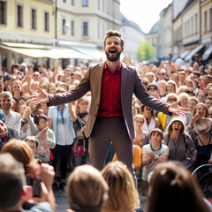 A street performer entertaining a crowd in a city square.