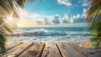 Summer tropical sea with waves, palm leaves and blue sky with clouds