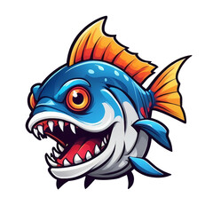 a blue and orange fish with sharp teeth, vector art, dark video game icon design, highly detailed character design, patch logo design, on a transparent background