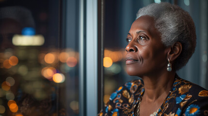Obraz na płótnie Canvas Portrait of a mature and thoughtful African American female business leader looking out the window with a view of the city at night, thinking about her ambitious plans