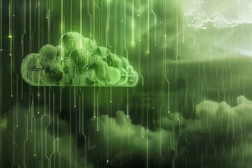 Surreal digital artwork of a vivid green cloud with matrix-style binary code rain, perfect for futuristic or cyber-themed designs.

