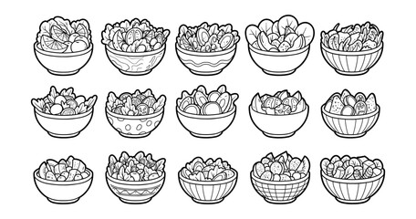 Various salad bowl element outline sketch vector illustration set 